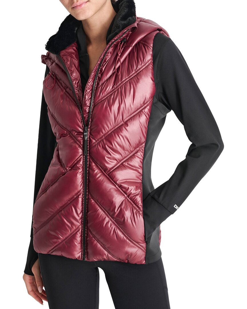 Dkny Women's Hooded Puffer Vest With Contrast Scuba And Teddy Faux Fur Collar In Burgundy