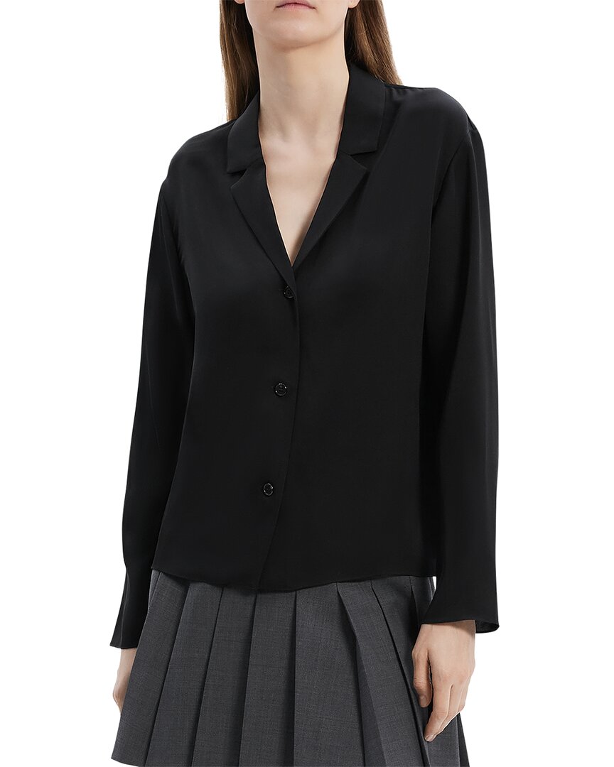 Theory Notch Collar Silk Button-up Shirt In Black