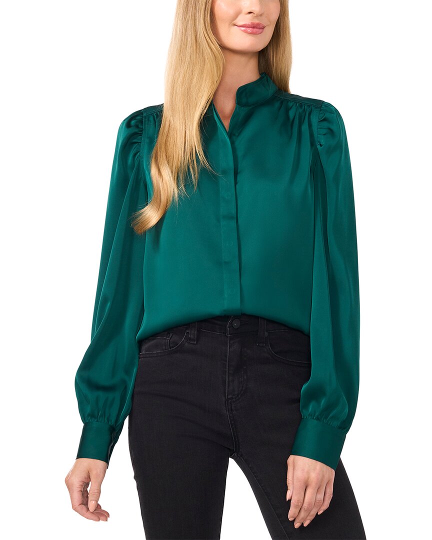 Cece Pearly Button Satin Top In Green