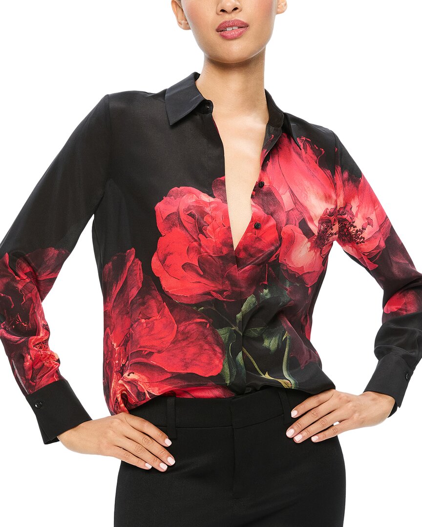 Alice And Olivia Brady Slim Button Down Shirt Peony Petals Bright Ruby
