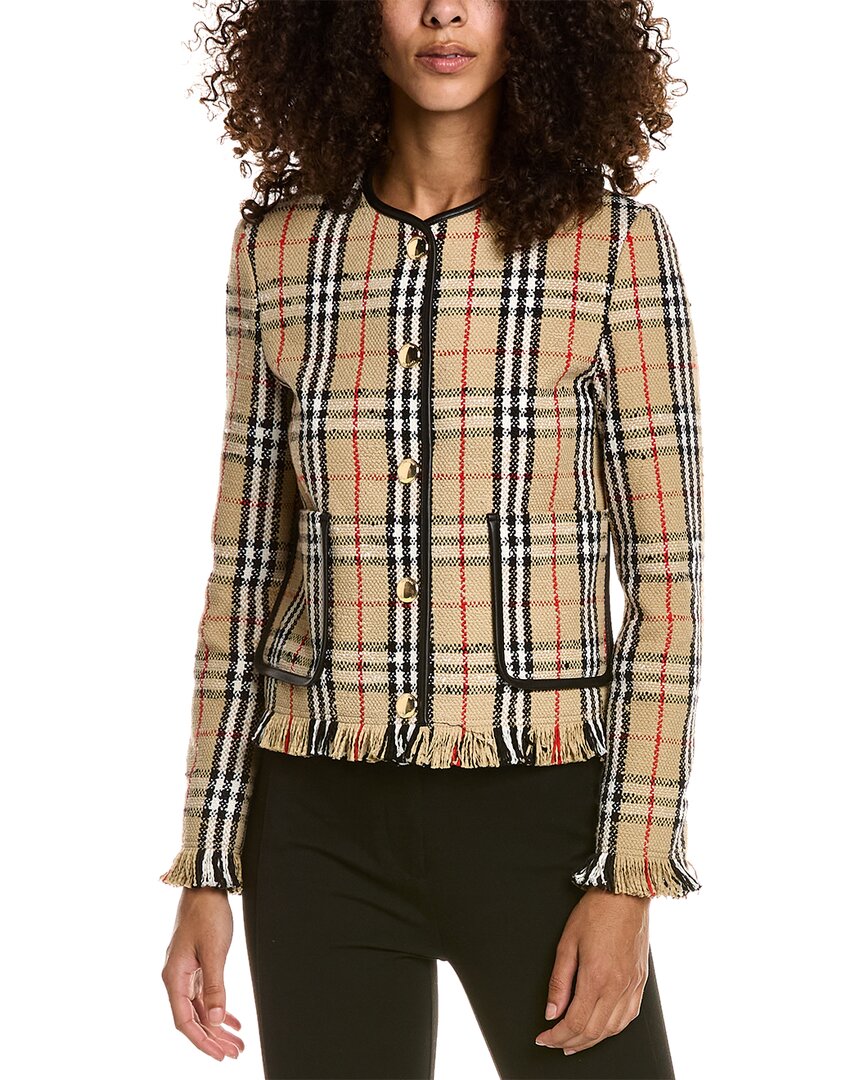 Shop Burberry Vintage Check Boucle Collarless Leather-trim Wool-blend Jacket In Beige