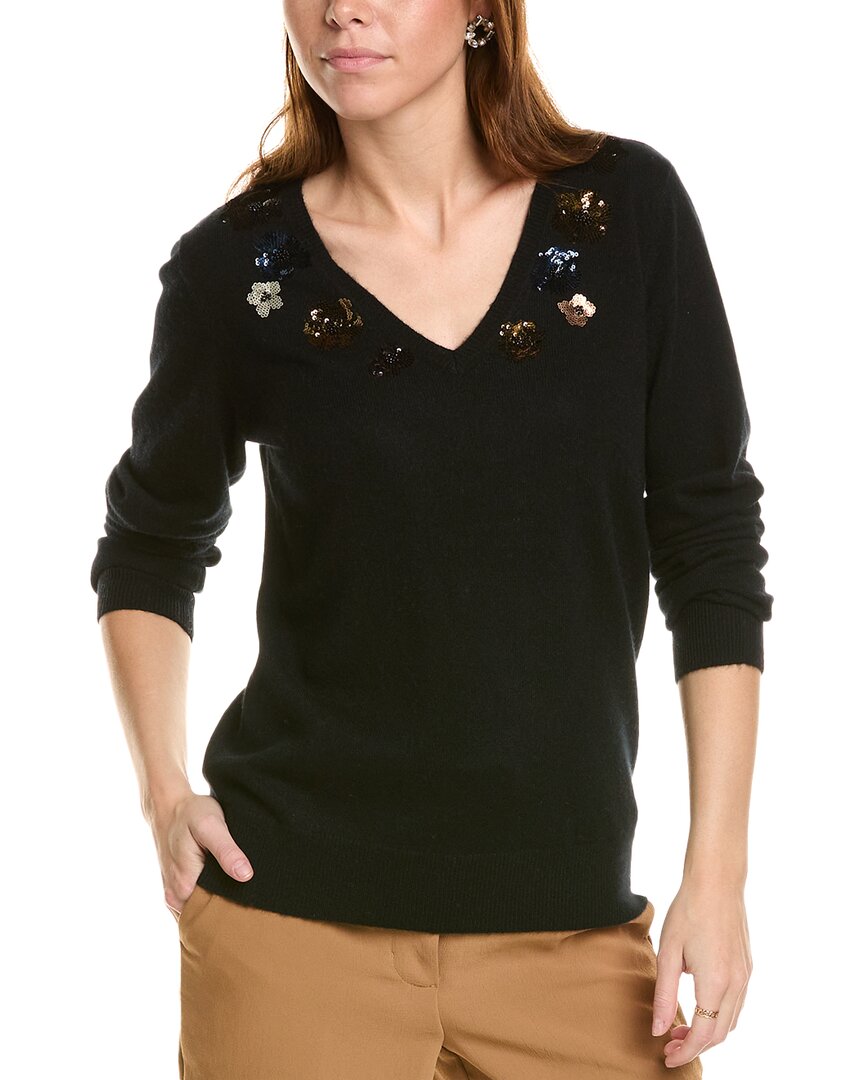 Sofiacashmere Sequin Embellished V-neck Cashmere Sweater In Black
