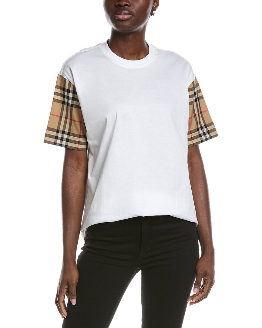 Burberry White T-shirt With Vintage Check Motif On The Sleeves In Cotton Woman In White