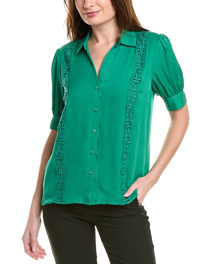 Elie Tahari The Aram Floral Embroidered Short Sleeve Silk Button-up Shirt In Green