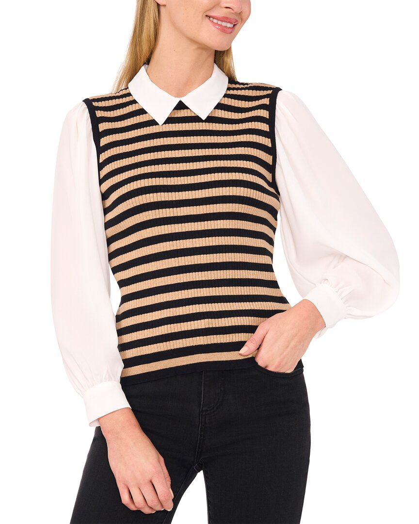 Cece Stripe Mixed Media Sweater Top In Black