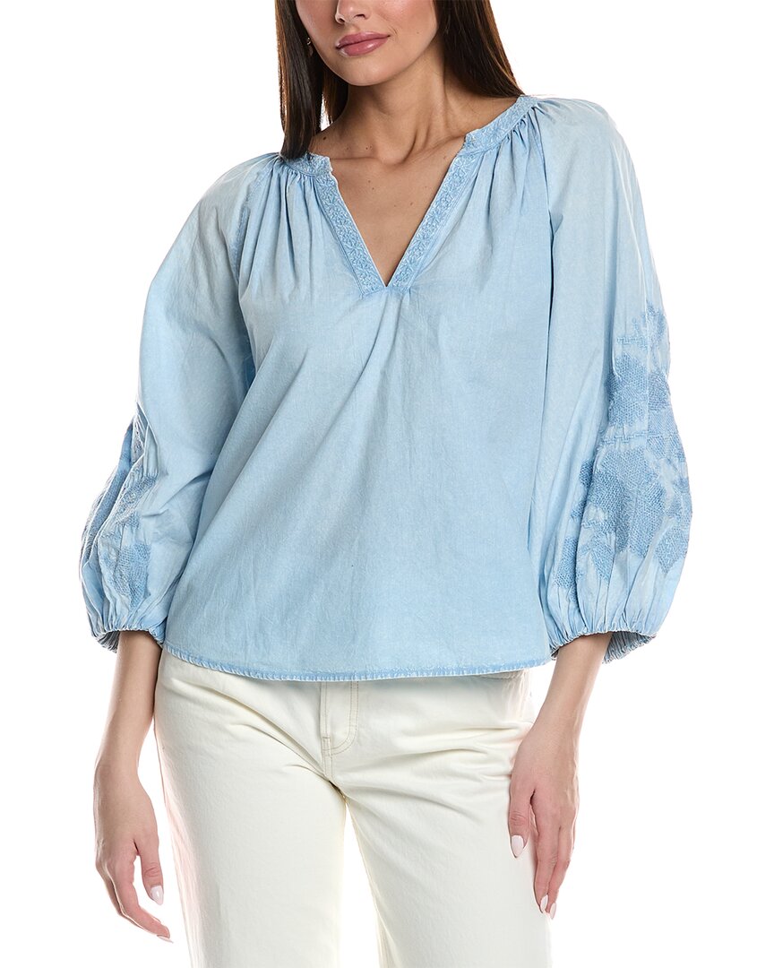 Shop Velvet By Graham & Spencer Embroidered Balloon Sleeve Blouse In Blue