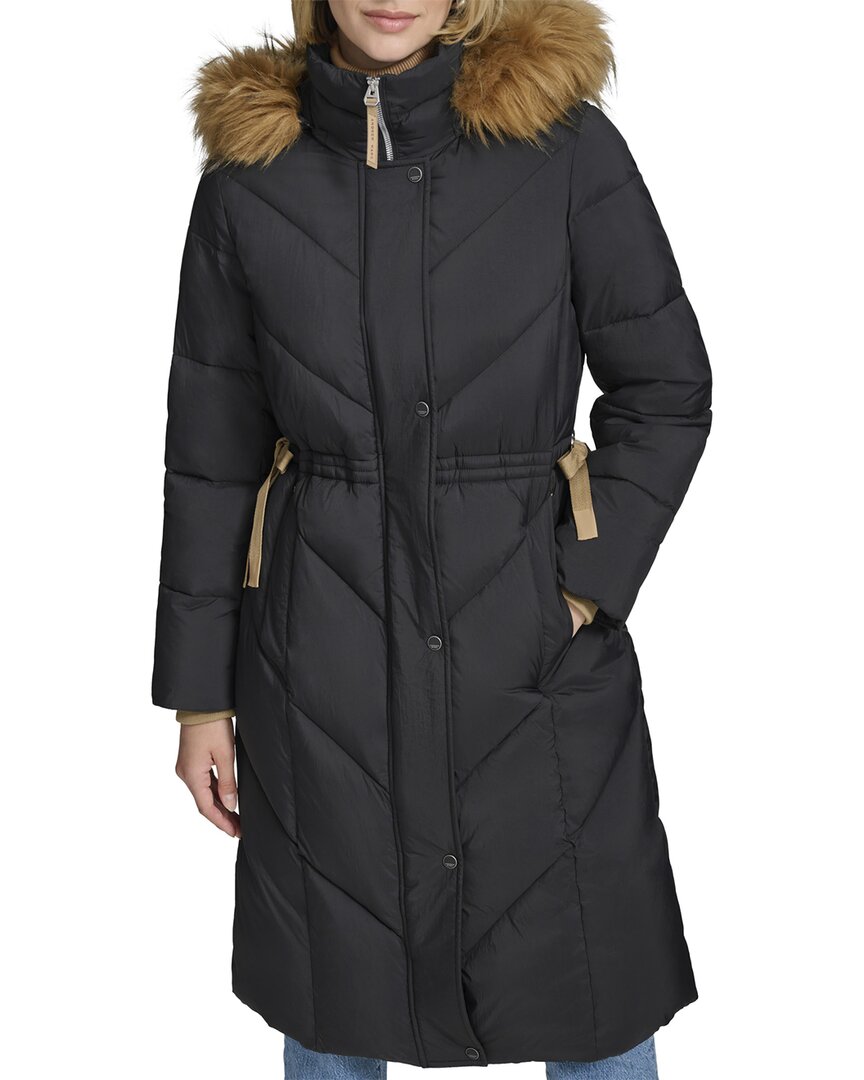 Andrew Marc Lennox Hooded Puffer Coat With Faux Fur Trim In Black