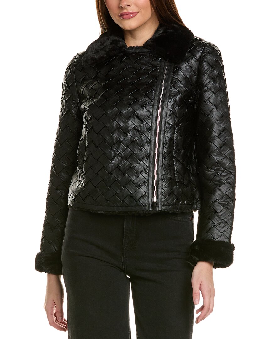 Adrienne Landau Woven Faux Leather With Faux Fur Lining Moto Jacket In Black