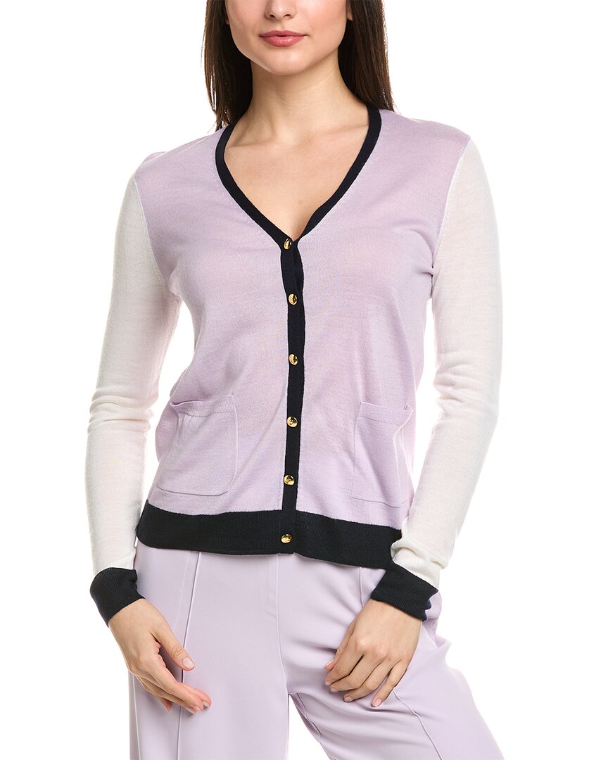 St John St. John Fine Gauge Colorblocked Knit V-neck Wool-blend Cardigan In Purple