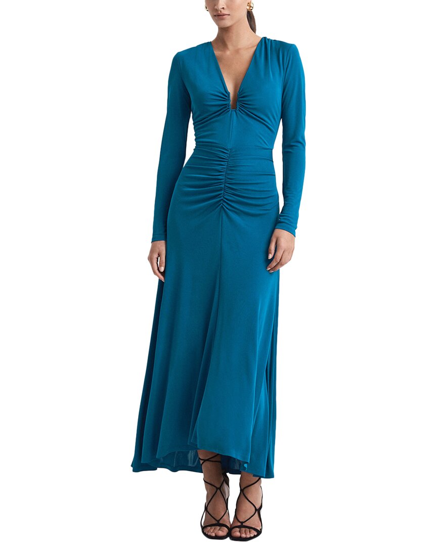 Reiss Remy Plunge-neck Asymmetric-hem Stretch-jersey Midi Dress In Blue