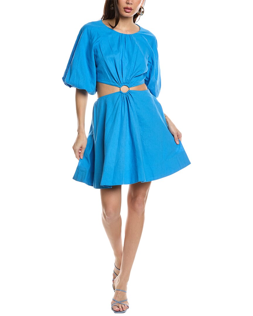 Shop Jason Wu Puff Sleeve Cutout Linen-blend Mini Dress In Blue