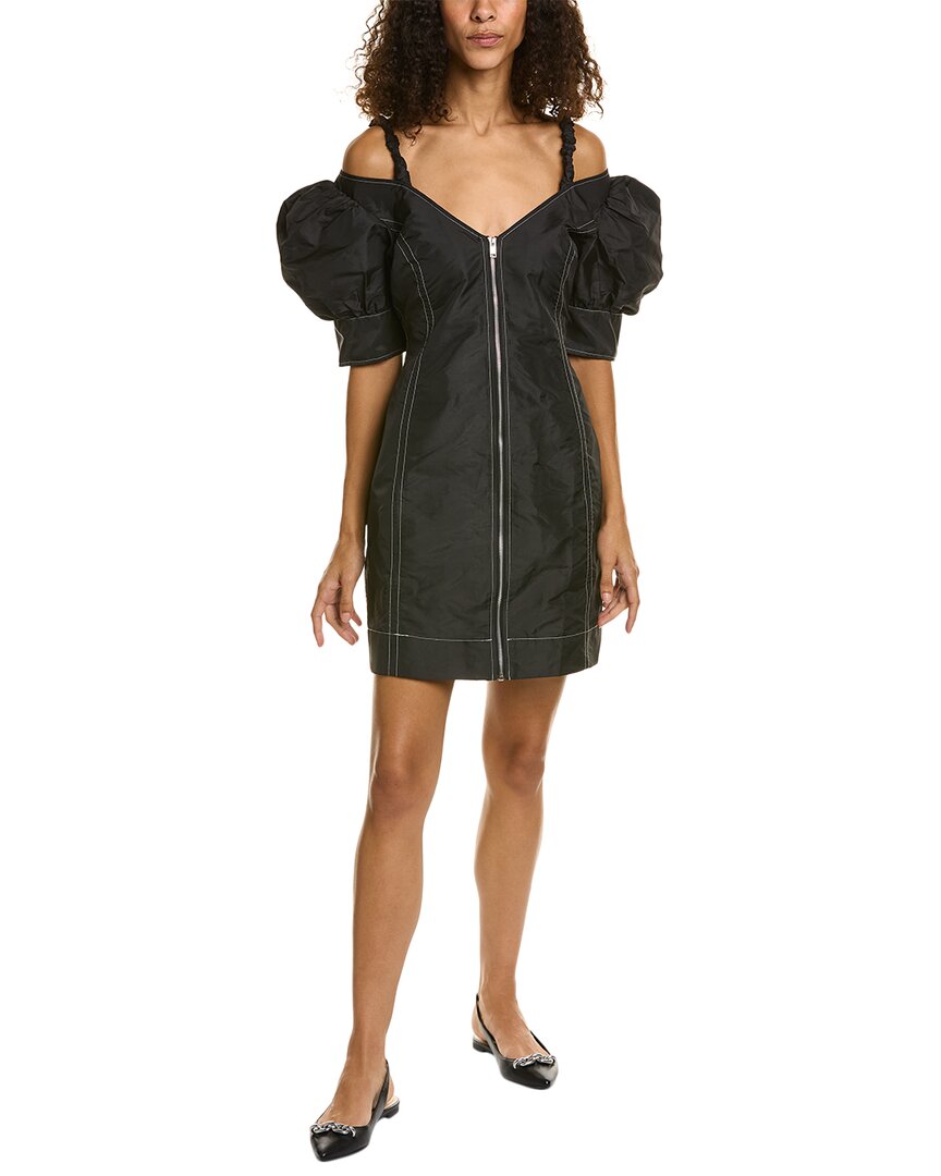 Ganni Cold-shoulder Recycled Taffeta Mini Dress In Black