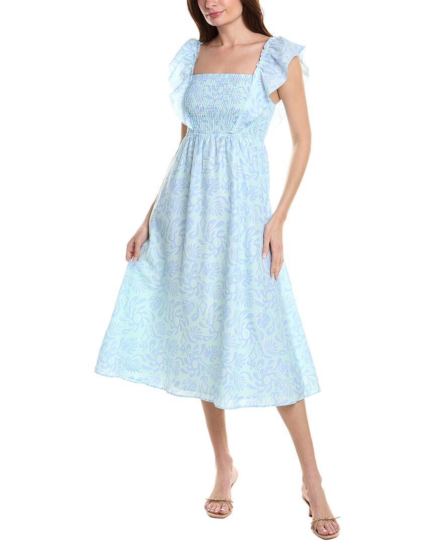 Shop Sail To Sable Smocked Silk-blend A-line Dress In Blue