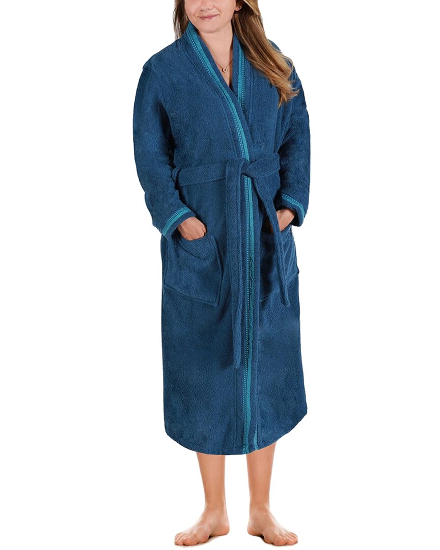 Superior Unisex Cotton Terry Kimono Bathrobe With Embroidery All-season Robe In Blue
