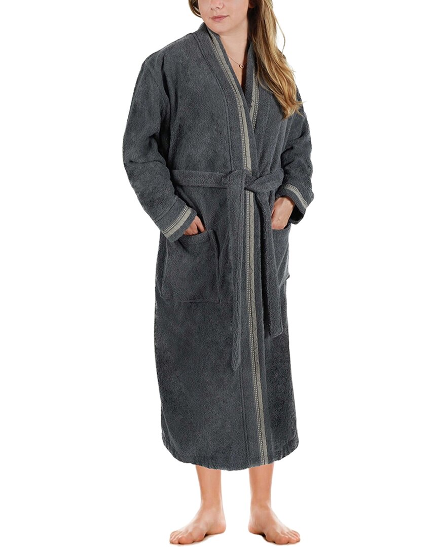 Superior Unisex Cotton Terry Kimono Bathrobe With Embroidery All-season Robe In Grey