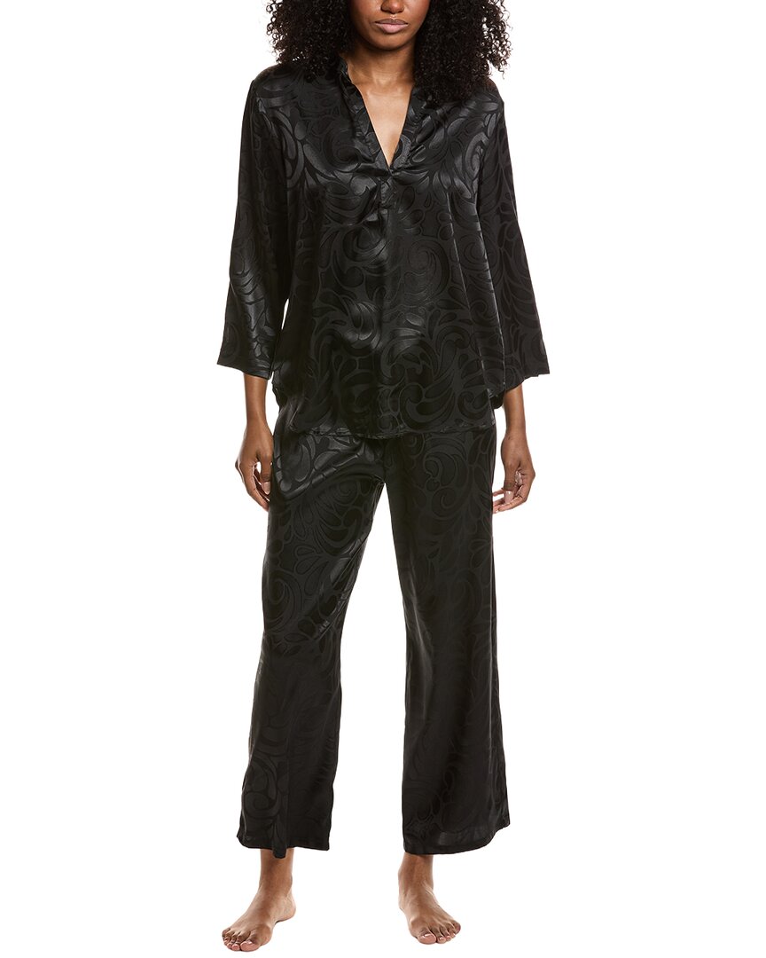N Natori 2pc Scroll Satin Jacquard Pajama Set In Black