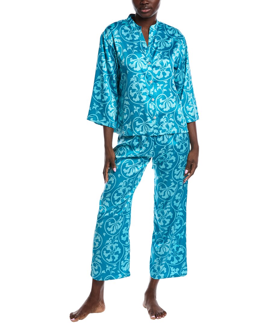 N Natori 2pc Floral Harmony Satin Button-down Pajama Set In Blue