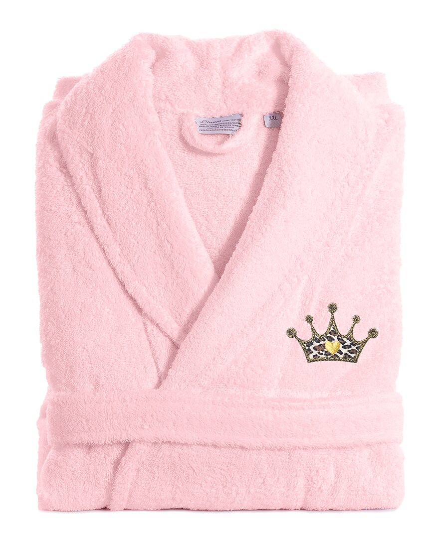 Linum Home Textiles Turkish Cotton Terry Bath Robe Embroidered With Cheetah Crown Design In Pink