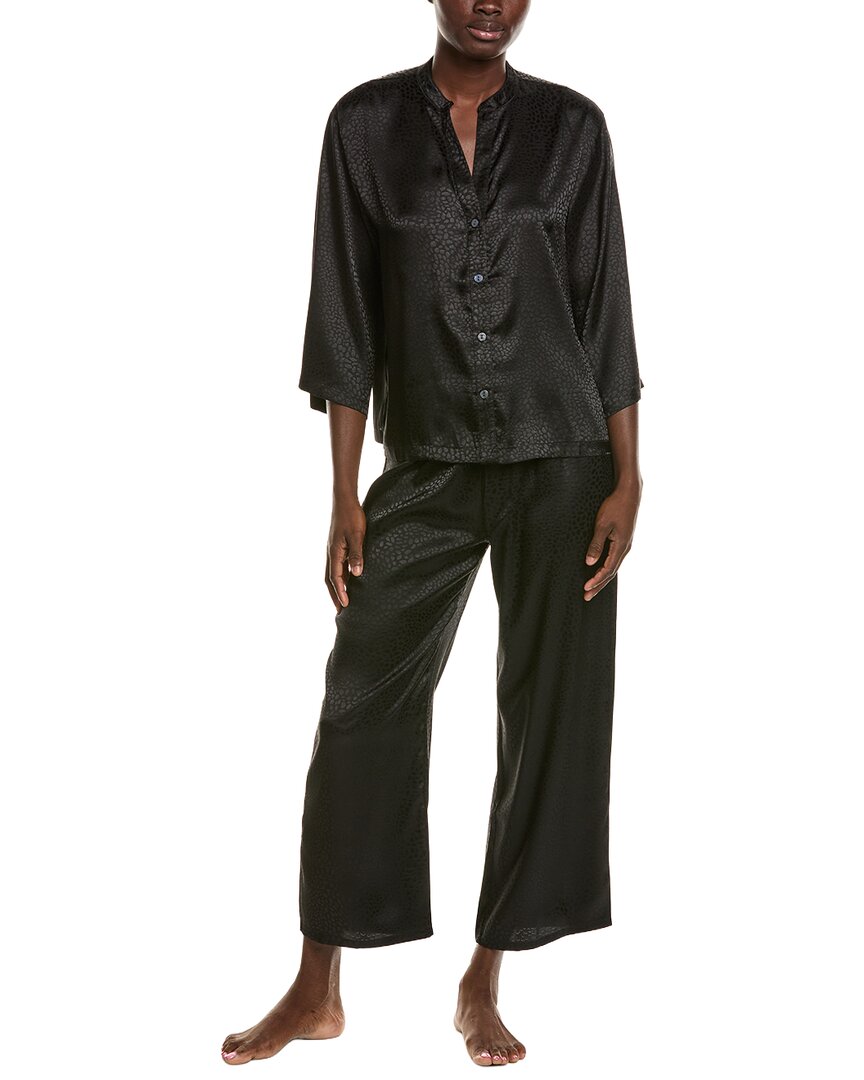 N Natori 2pc Wilderness Satin Jacquard Button Down Pajama Set In Black