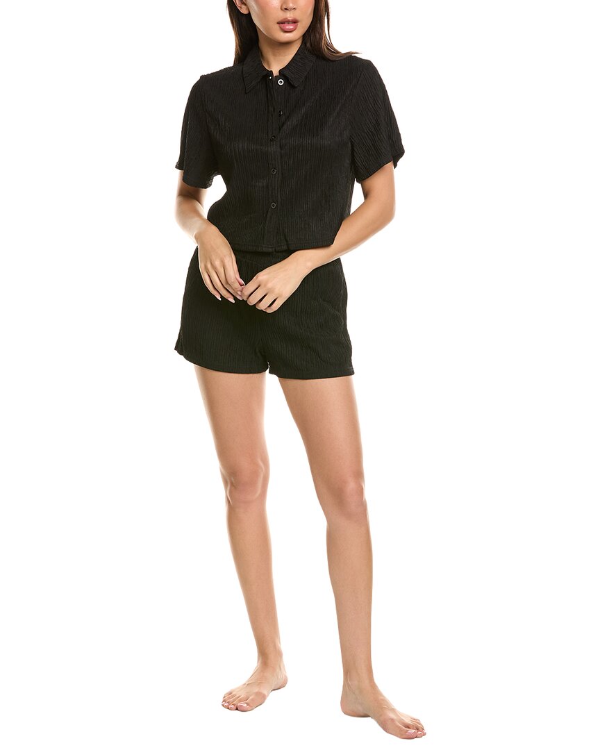 Marion 2pc Plisse Button-down Lounge Set In Black