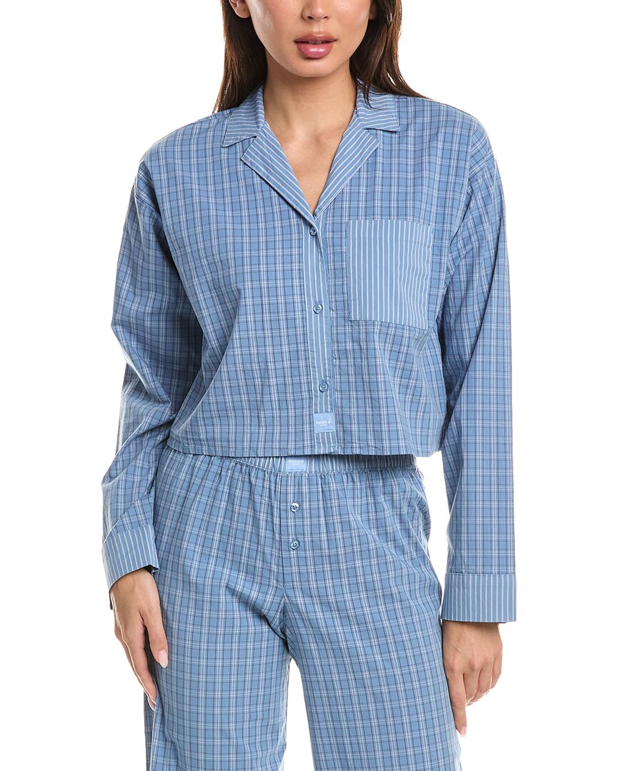 Florence By Mills Micro Plaid Crop Shirt In Blue