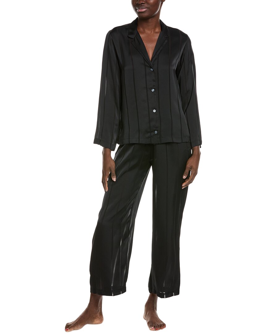 Natori 2pc Sheer Stripe Jacquard Notch Pajama Set In Black