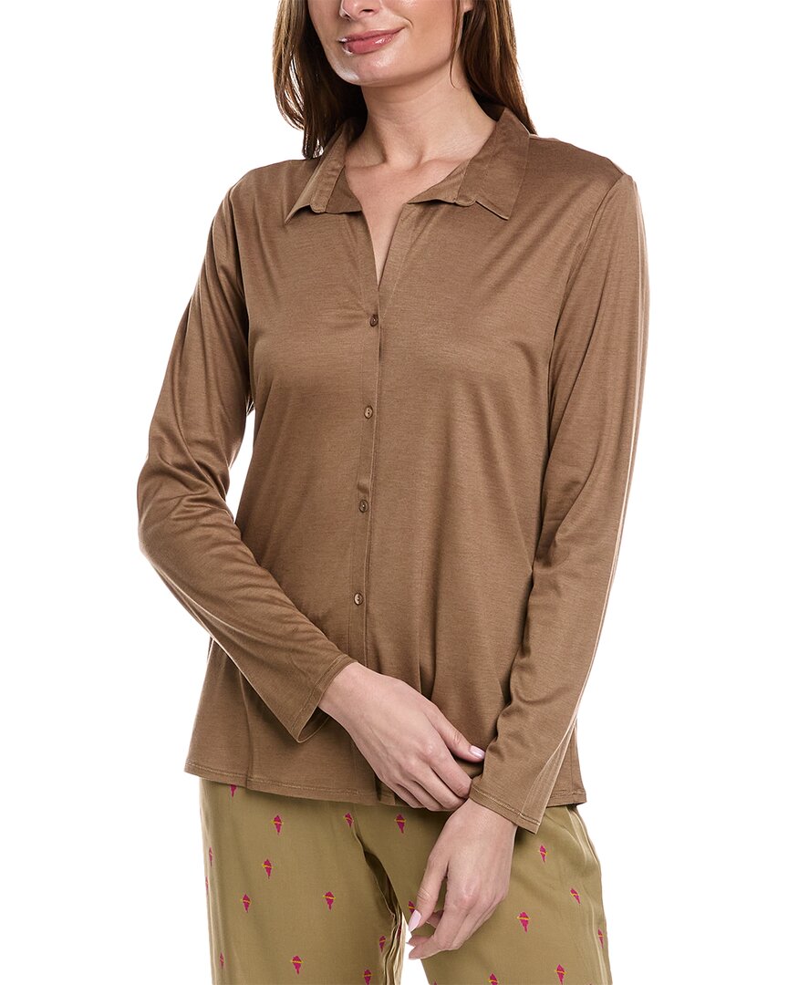 Hanro Grand Central Button Front Silk-blend Shirt In Brown