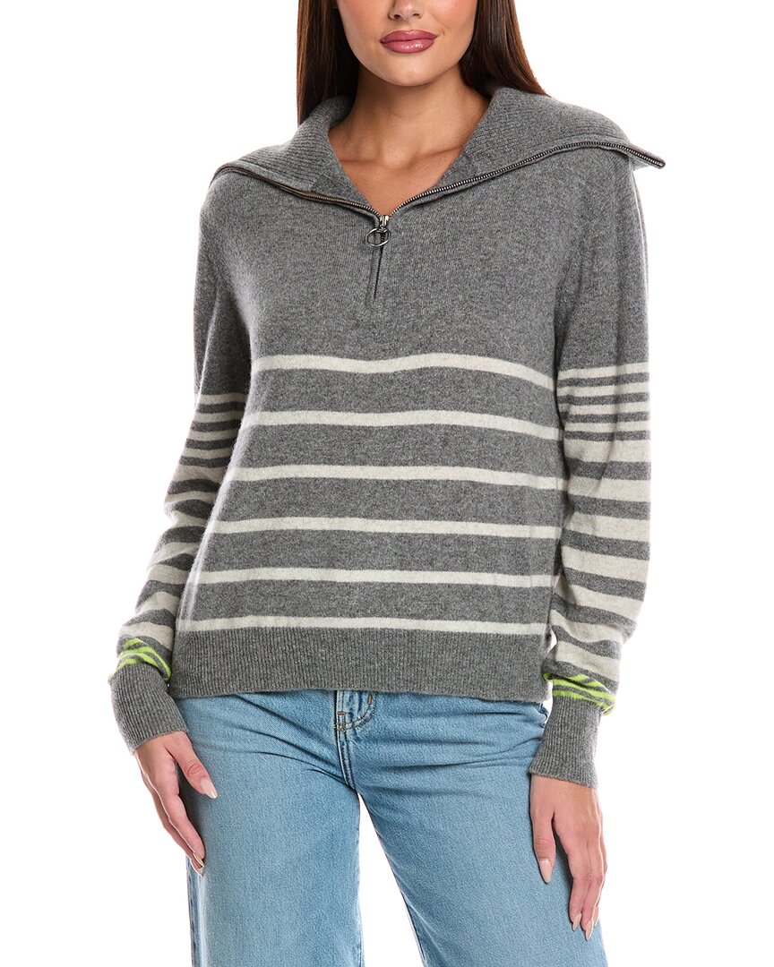 Brodie Cashmere Sabrina Stripe Zip Cashmere Polo Top In Gray