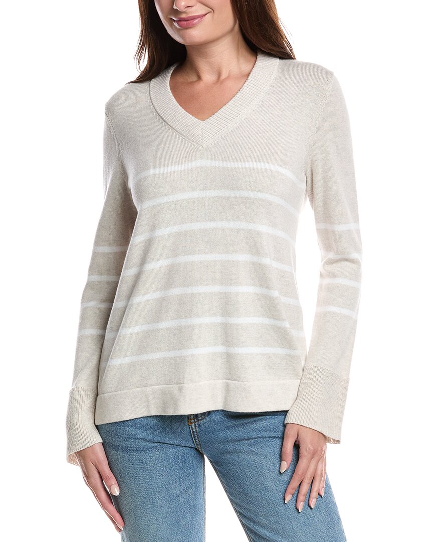 Forte Cashmere Stripe V-neck Sweater In Gray