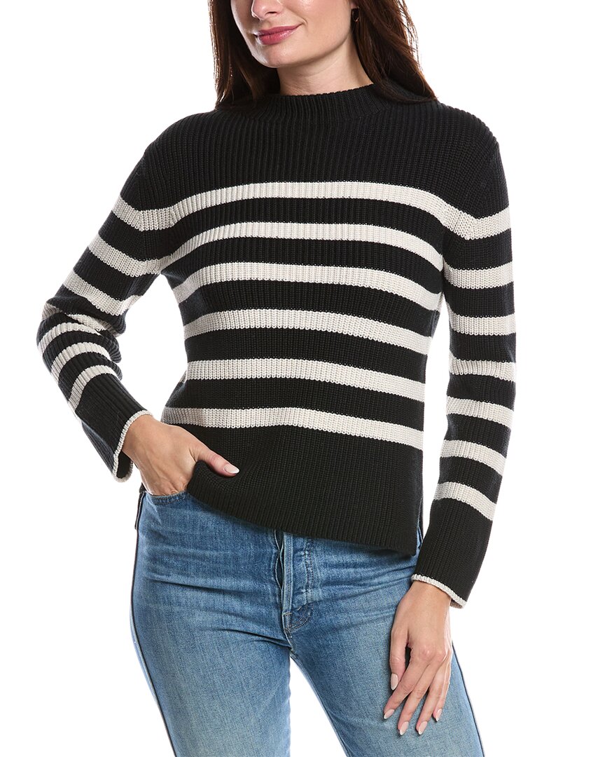 Forte Cashmere Striped Rib Funnel Neck Sweater In Black