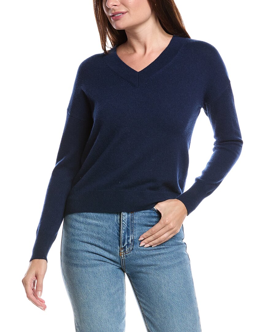 Forte Cashmere Gathered Sleeve V-neck Cashmere Sweater In Blue