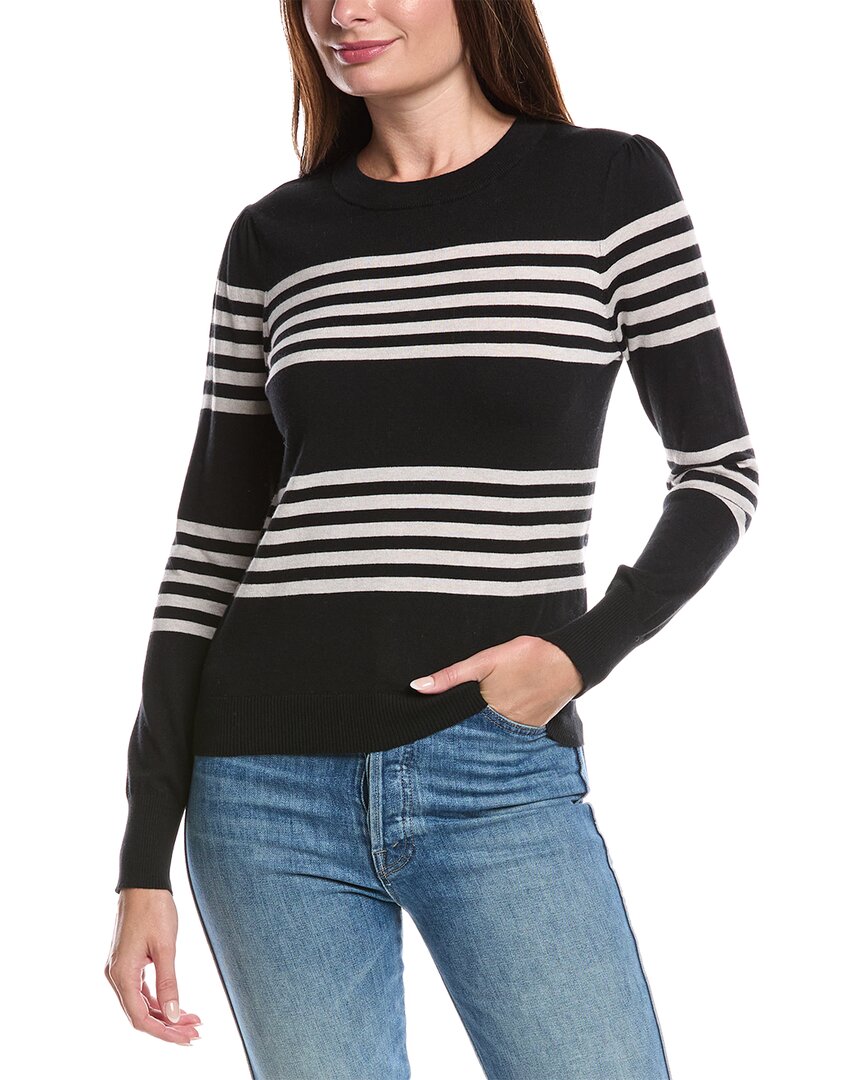 Forte Cashmere Gathered Sleeve Stripe Cashmere-blend Sweater In Black