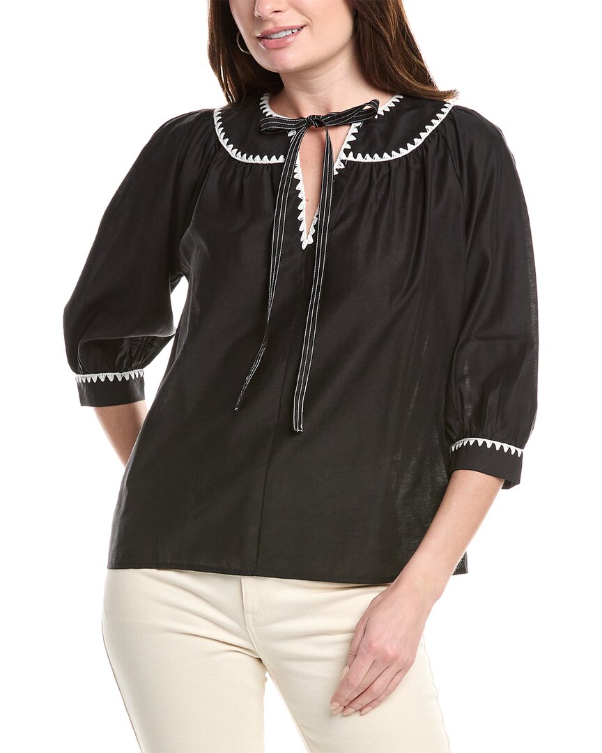 English Factory Embroidered Tie Neck Top In Black
