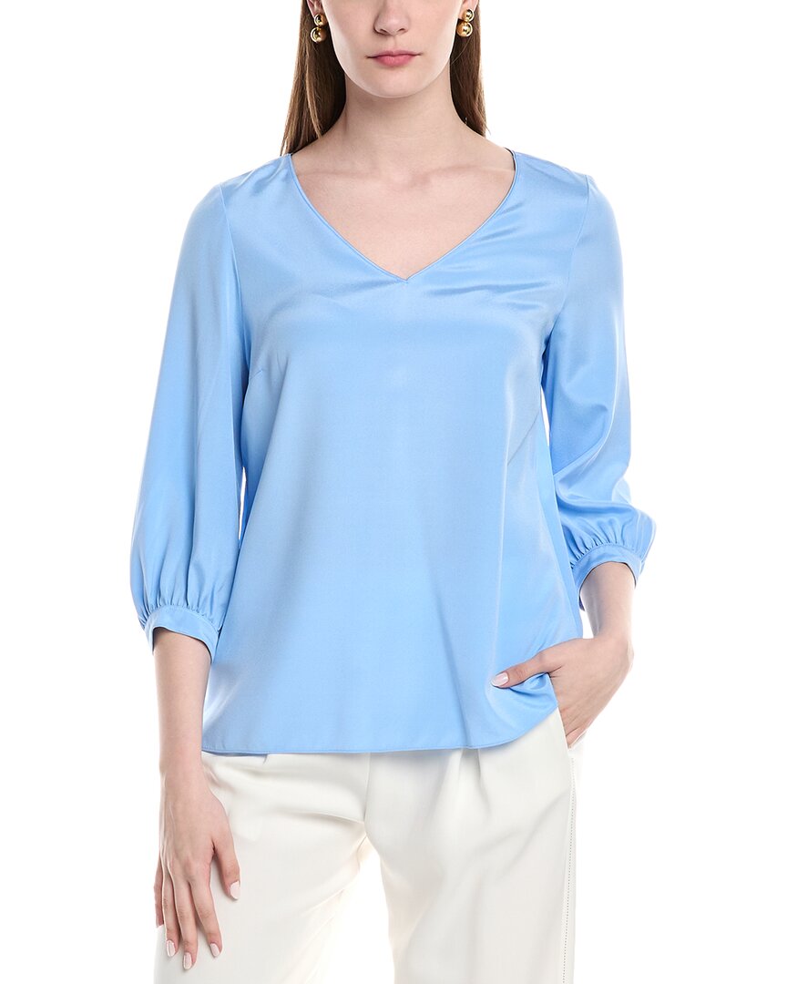 Lafayette 148 New York Lantern Sleeve V-neck Silk-blend Blouse In Blue