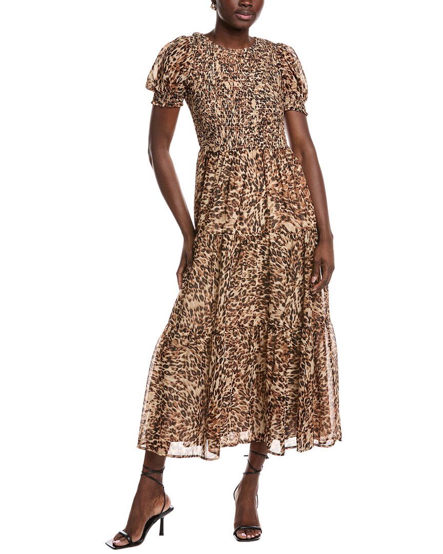 Anne Klein Womens Printed Smocked Puff Sleeve Chiffon Tiered Maxi Dress P Xxs Xxl In Brown