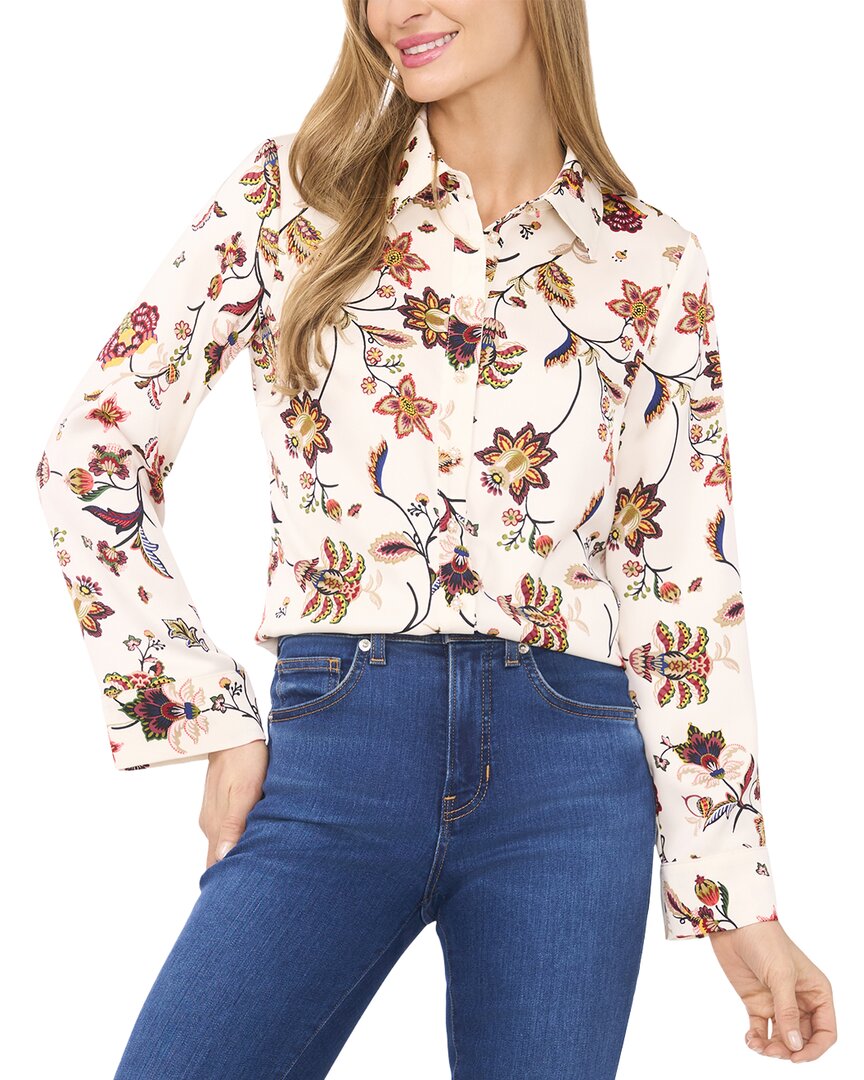 Cece Floral Border Print Satin Button-up Shirt In Multi