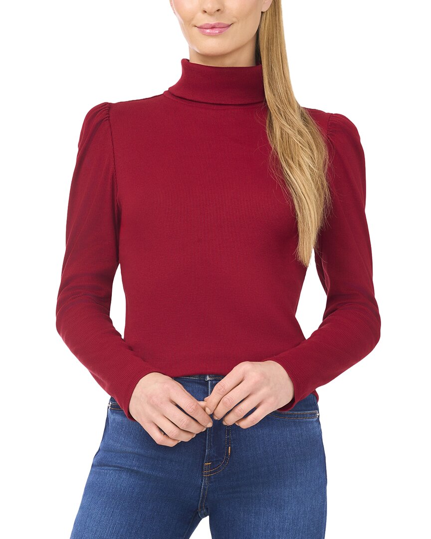 Cece Rib Knit Puff Sleeve Turtleneck Top In Red