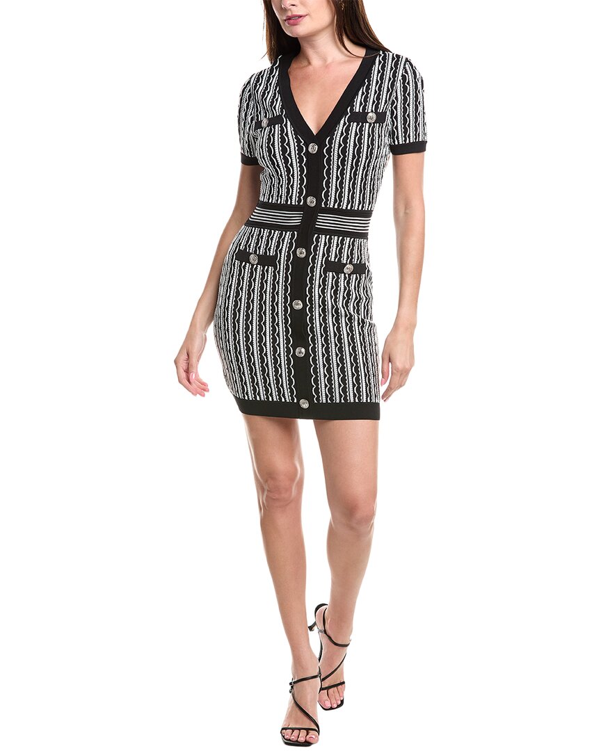 Milly Scallop Textured V Neck Knit Mini Dress In Black Multi In Black