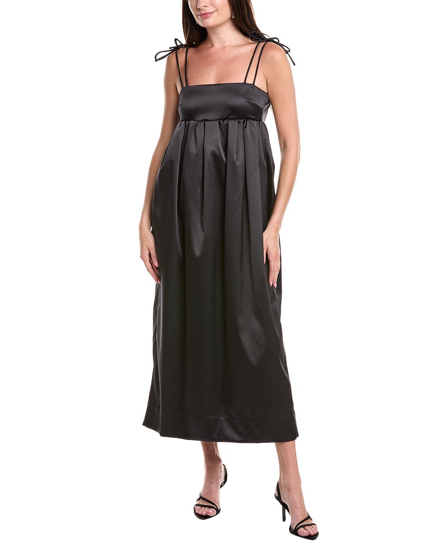 Ganni Double Satin String Long Dress In Black
