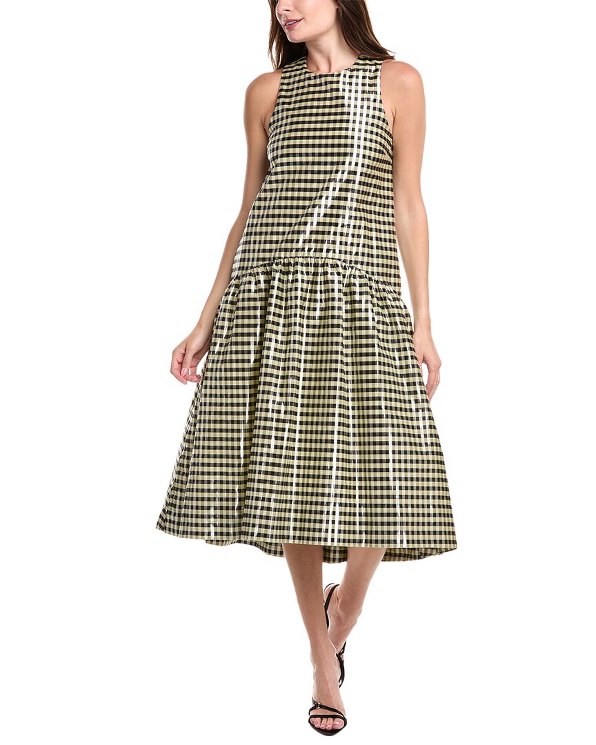 Ganni Shiny Check Jacquard Midi Dress Lemon Icing In Green