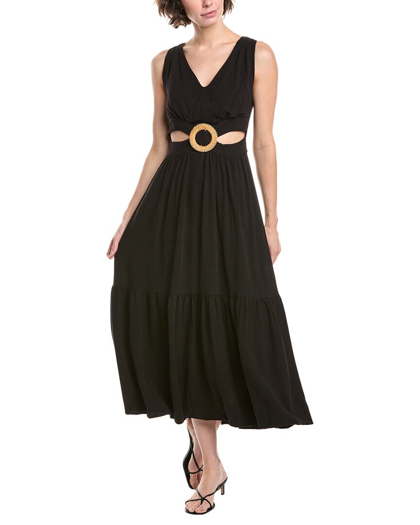 Vintage Havana Linen Maxi Dress With Wooden O-ring In Black In Black