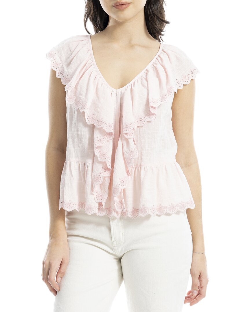 Max Studio Embroidered Ruffle Sleeve V-neck Top In Pink