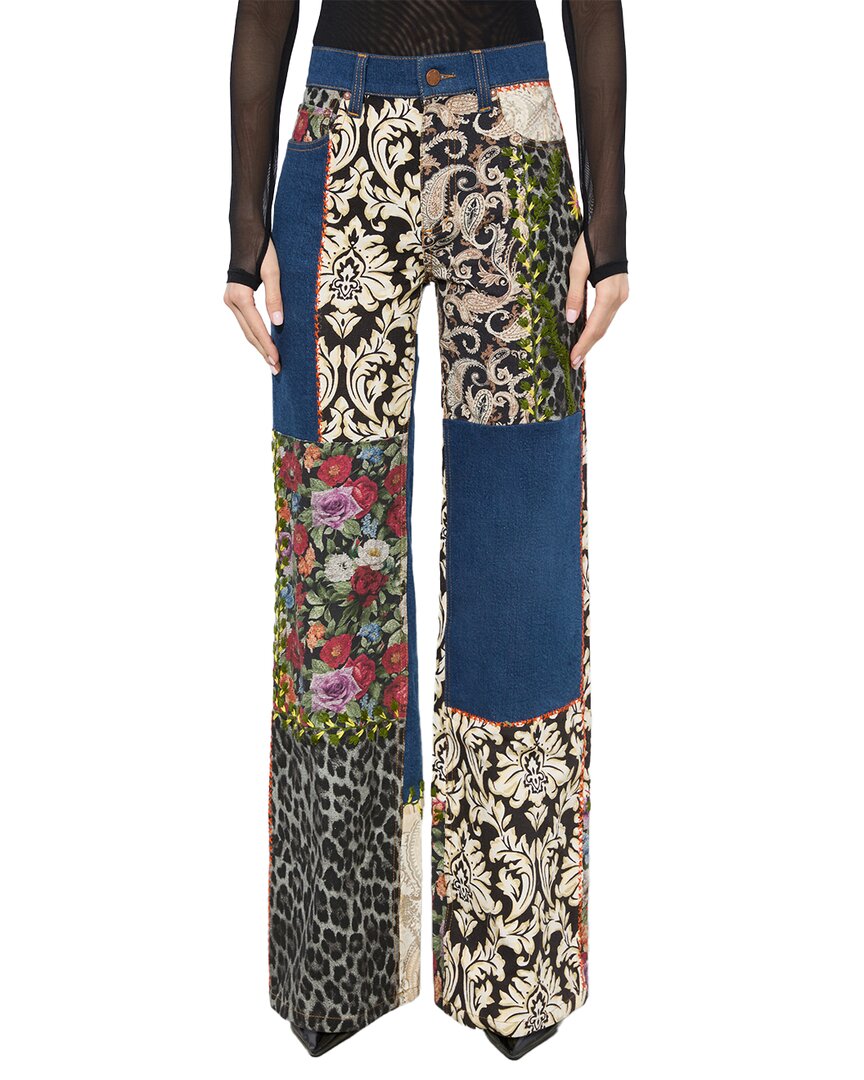 Alice And Olivia Weezy Mixed Media High Rise Wide Leg Jeans In Denim Multi In Blue