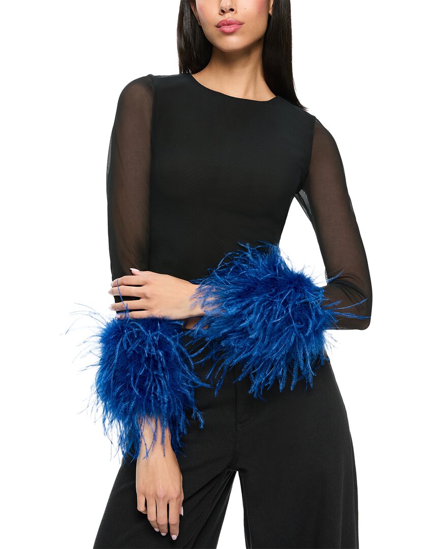 Alice And Olivia Delaina Mesh Feather Cuffed Long Sleeve Top In Multi