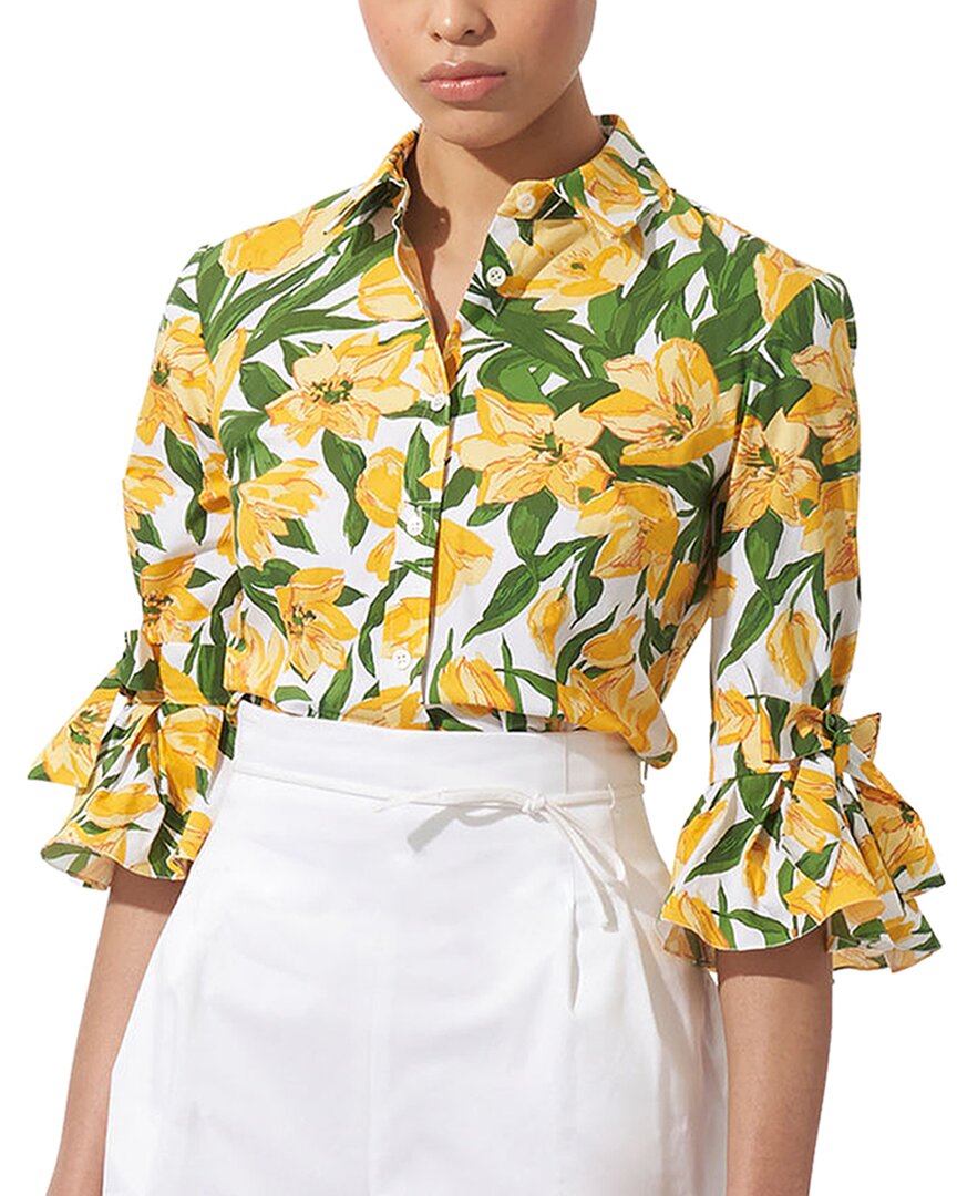 Carolina Herrera Floral Bow Flounce-sleeve Button Down Blouse