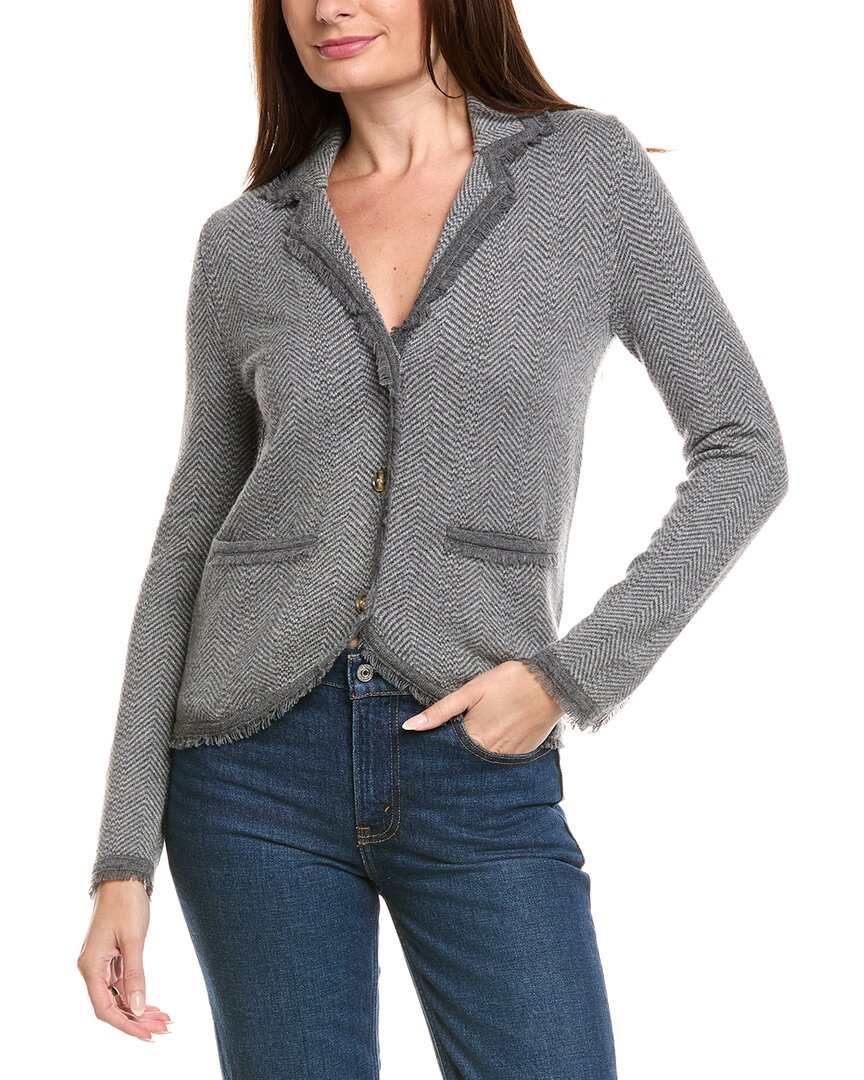 Kier + J Herringbone Wool & Cashmere-blend Cardigan In Gray