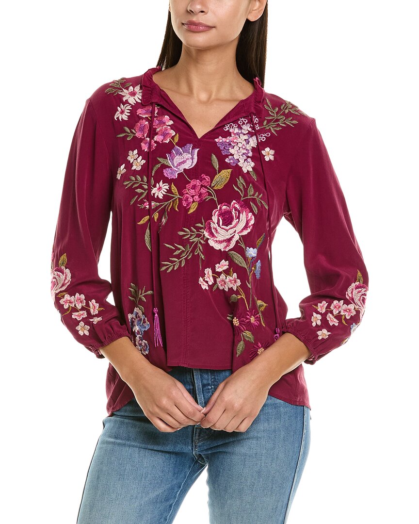 Johnny Was Field Silk Blouse In Burgundy