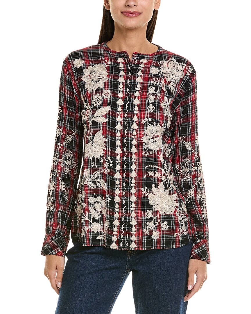 Johnny Was Mandarin Button Down Shirt In Red-black In Multi