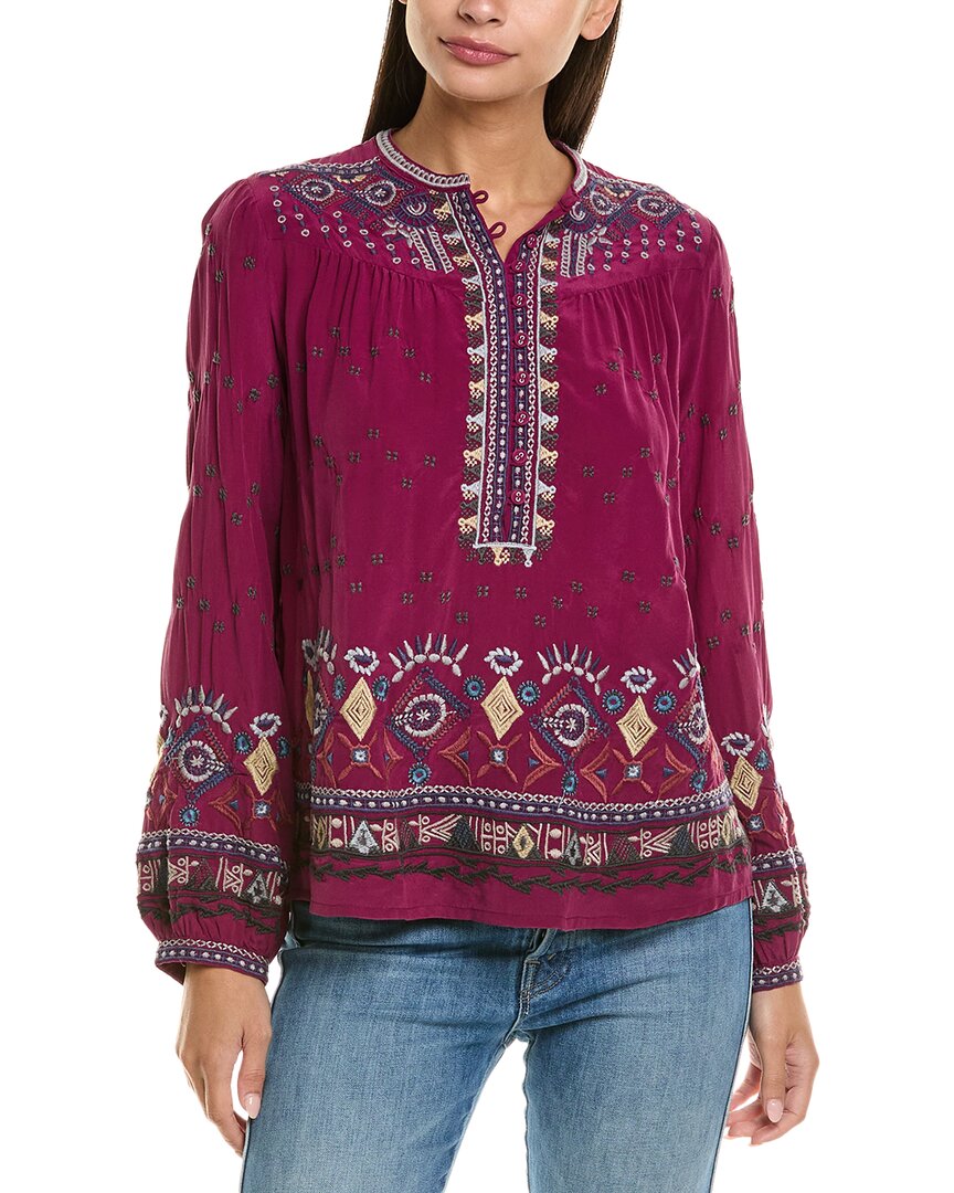 Johnny Was Forest Fern Silk Blouse In Burgundy