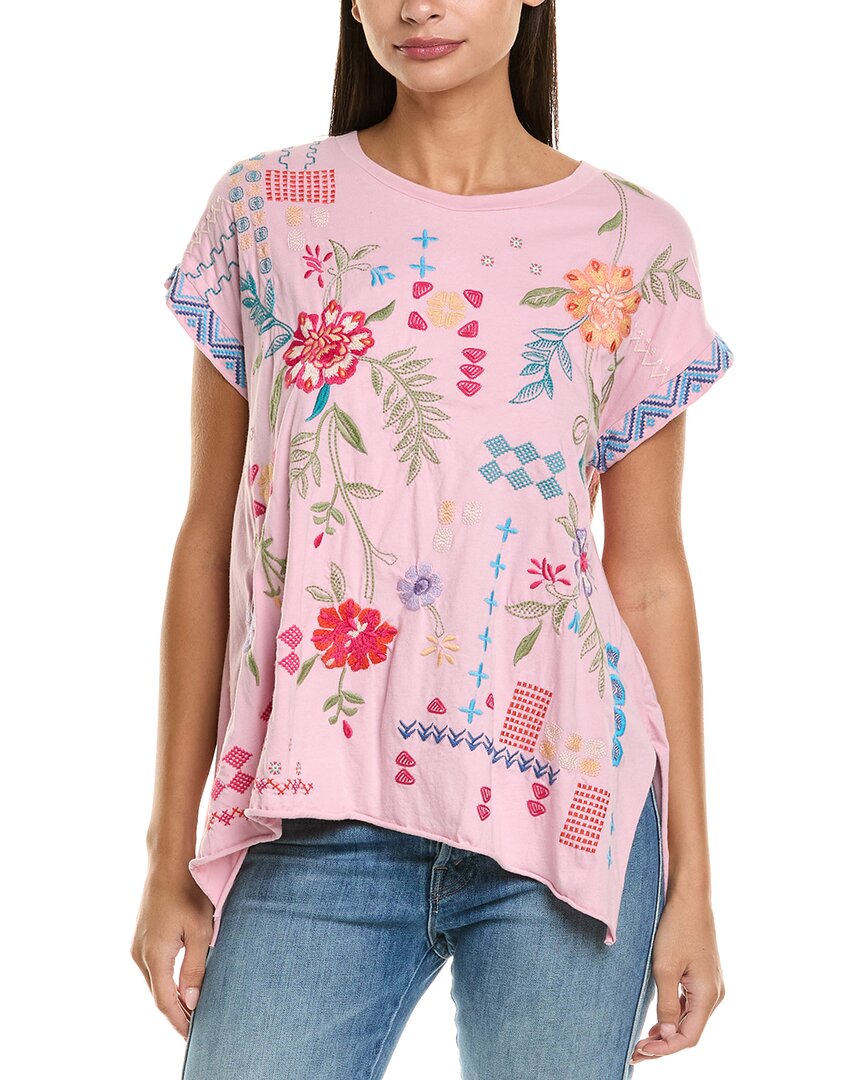 Johnny Was Katie Embroidered Raw Hem Tee In Pink